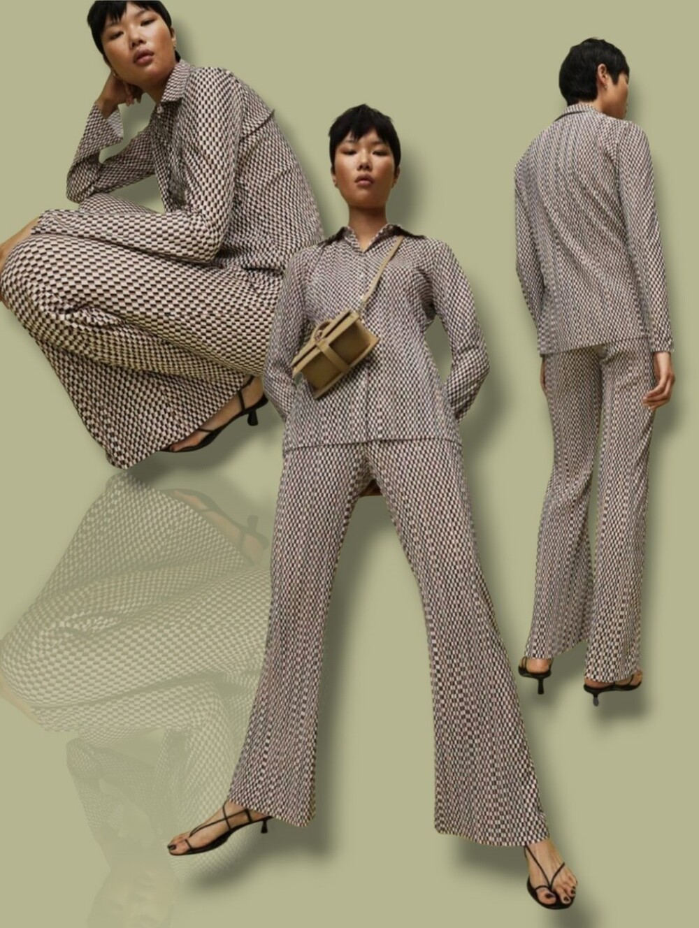 H&M Women's Geometric Pixel Print Textured Jersey Shirt & Flared Pants Coord Set